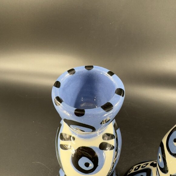 Hand Painted Vintage Pottery Candle Stick Holder Set 2 Signed YCHUK Abstract 2 - Picture 7 of 11